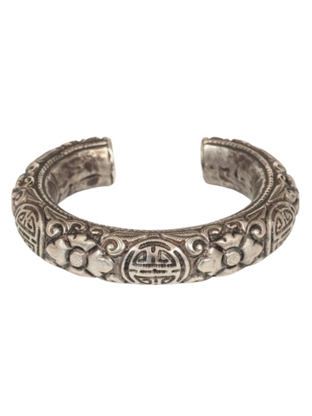 Antique Silver Metal Chinesse Shou Wedding Lotus Floral Cuff Bracelet